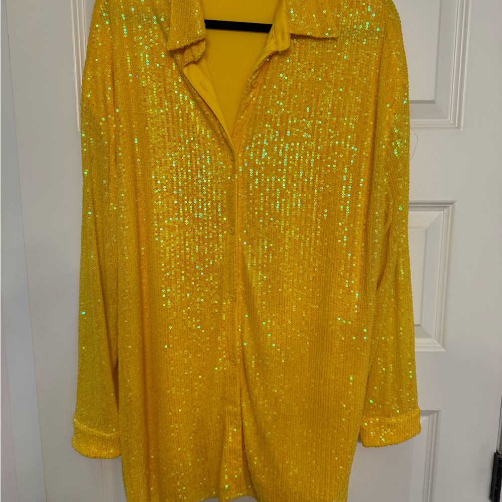 Yellow Sequin Button-Up Shirt XL Anthropologie.